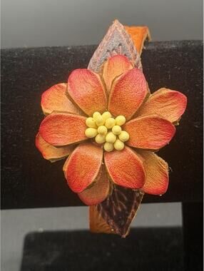🌼 Handmade Leather Flower Cuff Bracelet Orange Tooled Floral 3D